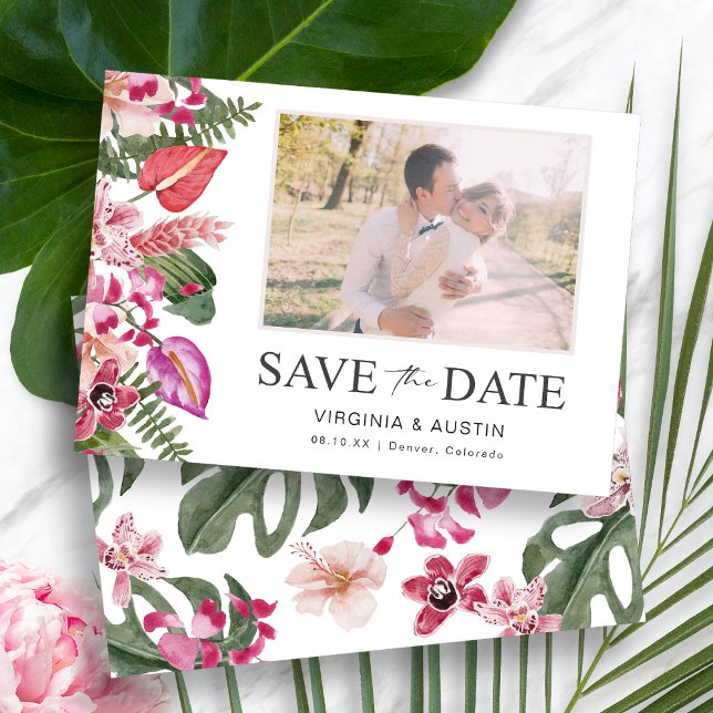 Colourful Tropical Floral Photo Save The Date (Colorful Tropical Watercolor Floral Photo Save The Date Card by Painted Paperie
)