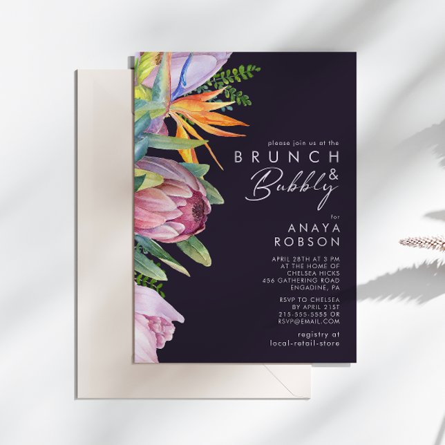 Colourful Tropical Floral Purple Brunch and Bubbly Invitation (Creator Uploaded)