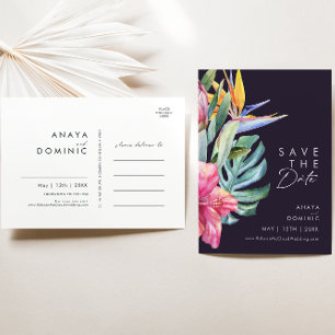Colourful Tropical Floral   Purple Save The Date Invitation Postcard