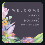 Colourful Tropical Floral | Purple Wedding Welcome Square Sticker<br><div class="desc">This colourful tropical floral | purple wedding welcome sticker is perfect for your modern boho destination, green, purple, peach wedding. Design features an elegant bouquet of classic beach watercolor greenery and flowers that may include sage green eucalyptus, mauve and red protea, blush pink hibiscus, orange and blue bird of paradise,...</div>