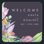 Colourful Tropical Floral | Purple Wedding Welcome Square Sticker<br><div class="desc">This colourful tropical floral | purple wedding welcome sticker is perfect for your modern boho destination, green, purple, peach wedding. Design features an elegant bouquet of classic beach watercolor greenery and flowers that may include sage green eucalyptus, mauve and red protea, blush pink hibiscus, orange and blue bird of paradise,...</div>