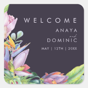 Colourful Tropical Floral   Purple Wedding Welcome Square Sticker