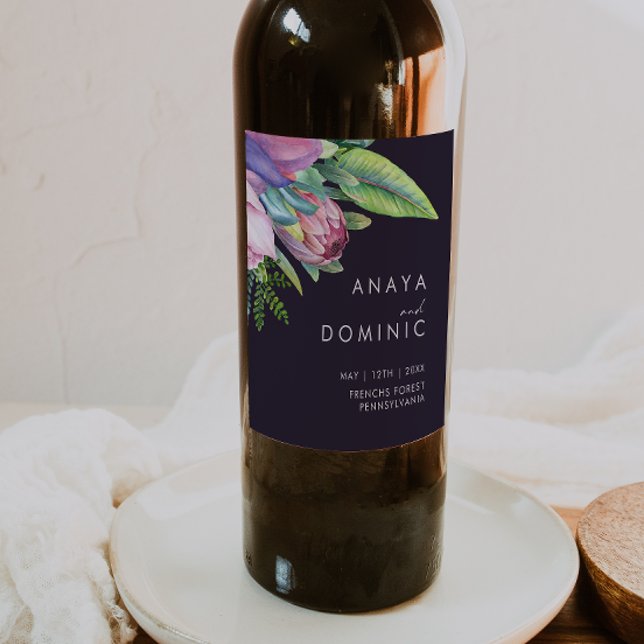 Colourful Tropical Floral | Purple Wedding Wine Label (Creator Uploaded)