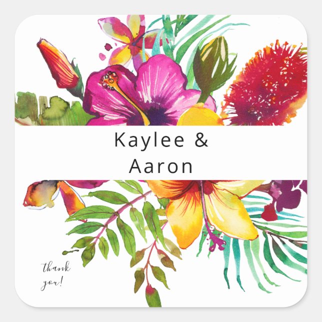 Colourful Tropical Floral Thank You Square Sticker (Front)