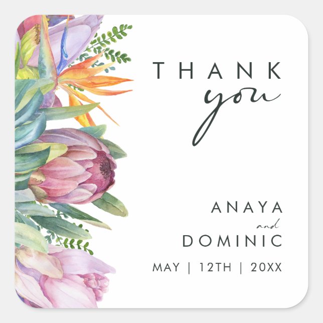 Colourful Tropical Floral | Thank You Wedding Square Sticker (Front)