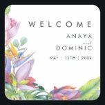Colourful Tropical Floral | Wedding Welcome Sticke Square Sticker<br><div class="desc">This colourful tropical floral | wedding welcome sticker is perfect for your modern boho destination, green, purple, peach wedding. Design features an elegant bouquet of classic beach watercolor greenery and flowers that may include sage green eucalyptus, mauve and red protea, blush pink hibiscus, orange and blue bird of paradise, and...</div>