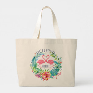 Colourful Tropical Floral Wreath & Flamingos Large Tote Bag