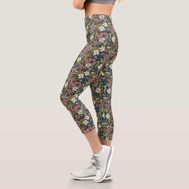 Colourful Tropical Flower Pattern Capri Leggings (Left)
