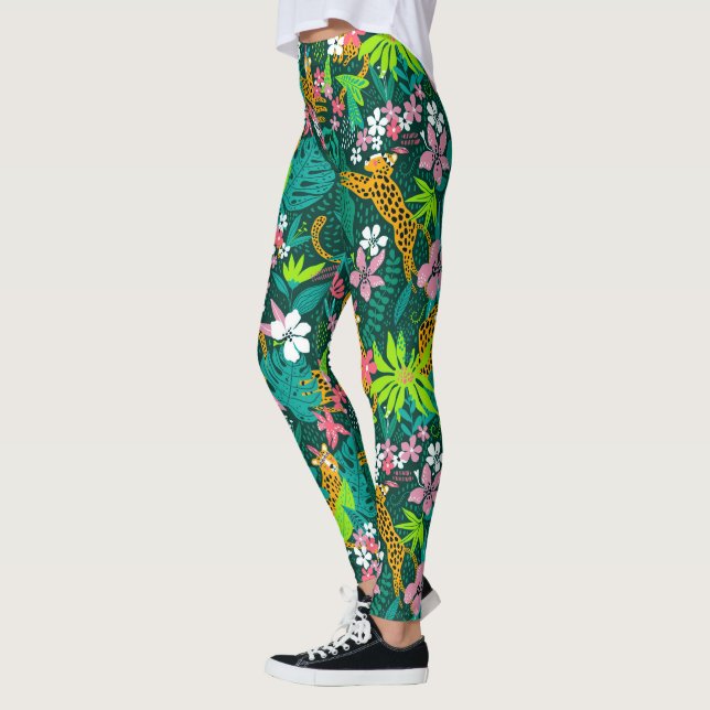 Colourful tropical flowers and animals pattern leggings (Left)