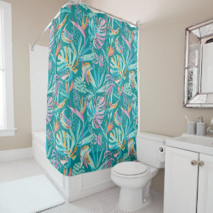 Colourful tropical flowers and leaves pattern shower curtain