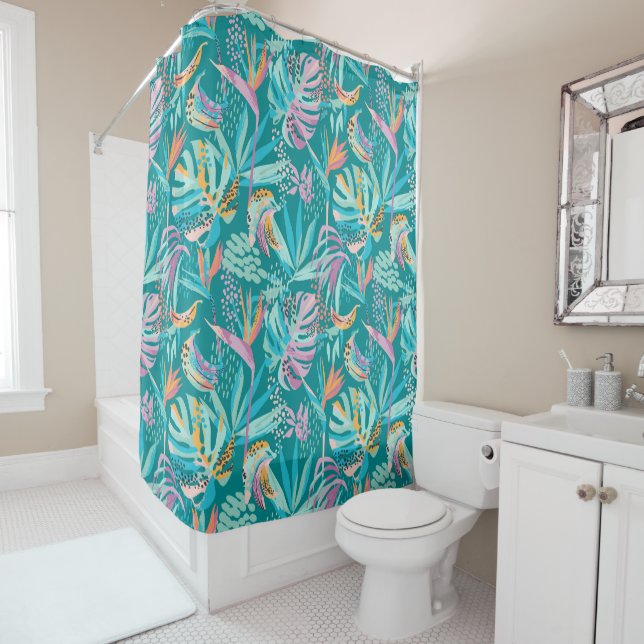 Colourful tropical flowers and leaves pattern shower curtain (In Situ)