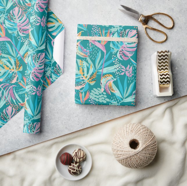 Colourful tropical flowers and leaves pattern wrapping paper (Crafts)