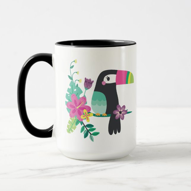 colourful tropical flowers and toucan inspirationa mug (Left)