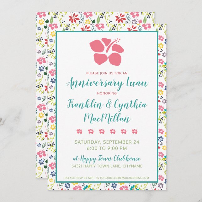 Colourful Tropical Flowers Anniversary Luau Invitation (Front/Back)