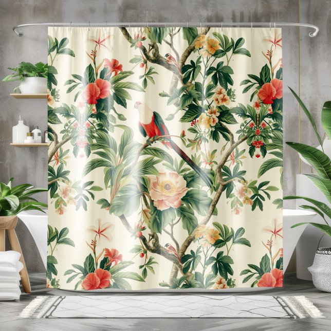 Colourful Tropical Flowers Birds Shower Curtain (Creator Uploaded)