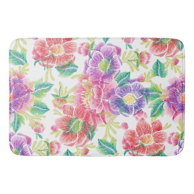 Colourful Tropical Flowers Collage Pattern Bath Mat (Front)