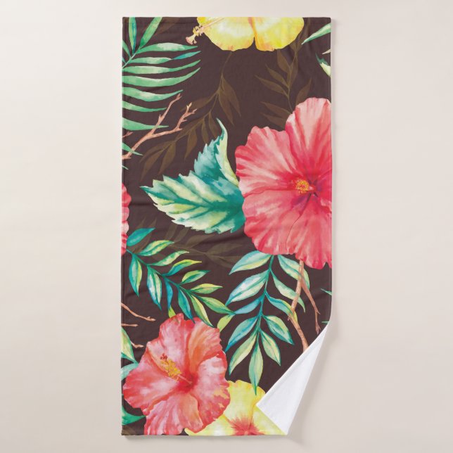 Colourful Tropical Flowers Dark Background Bath Towel (Bath Towel)