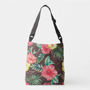 Colourful Tropical Flowers Dark Background Crossbody Bag