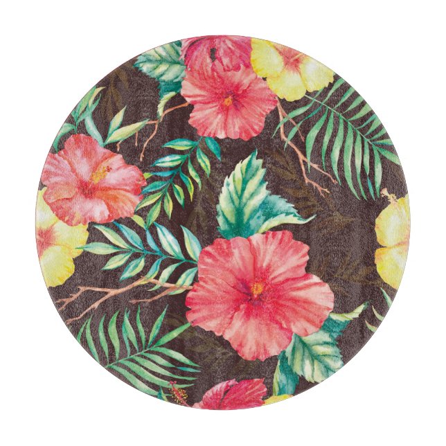 Colourful Tropical Flowers Dark Background Cutting Board (Front)