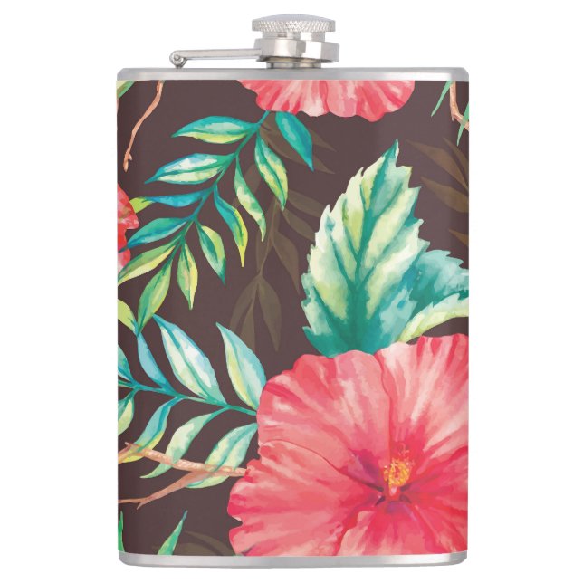 Colourful Tropical Flowers Dark Background Hip Flask (Front)