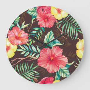 Colourful Tropical Flowers Dark Background Large Clock