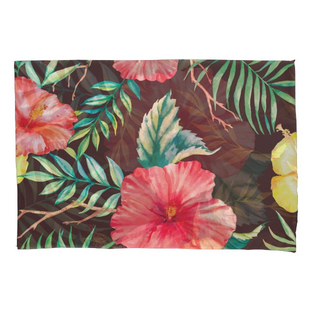 Colourful Tropical Flowers Dark Background Pillowcase (Front)