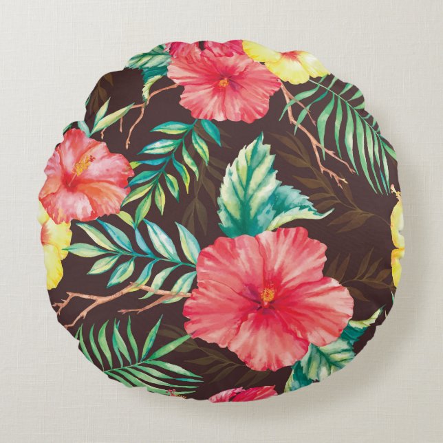 Colourful Tropical Flowers Dark Background Round Cushion (Front)