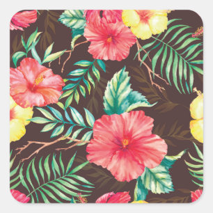 Colourful Tropical Flowers Dark Background Square Sticker
