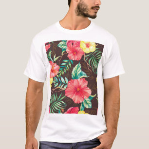 Colourful Tropical Flowers Dark Background T-Shirt