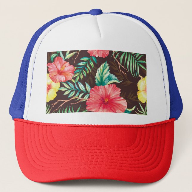 Colourful Tropical Flowers Dark Background Trucker Hat (Front)