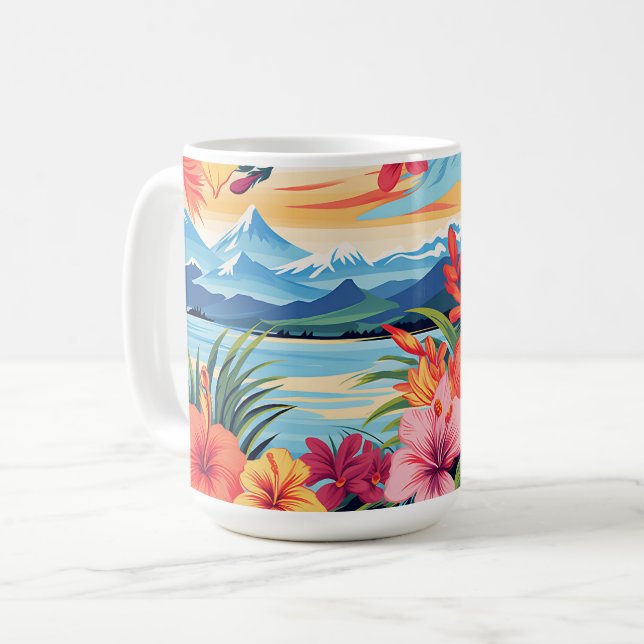 Colourful Tropical Flowers & Landscape Coffee Mug (Front Left)