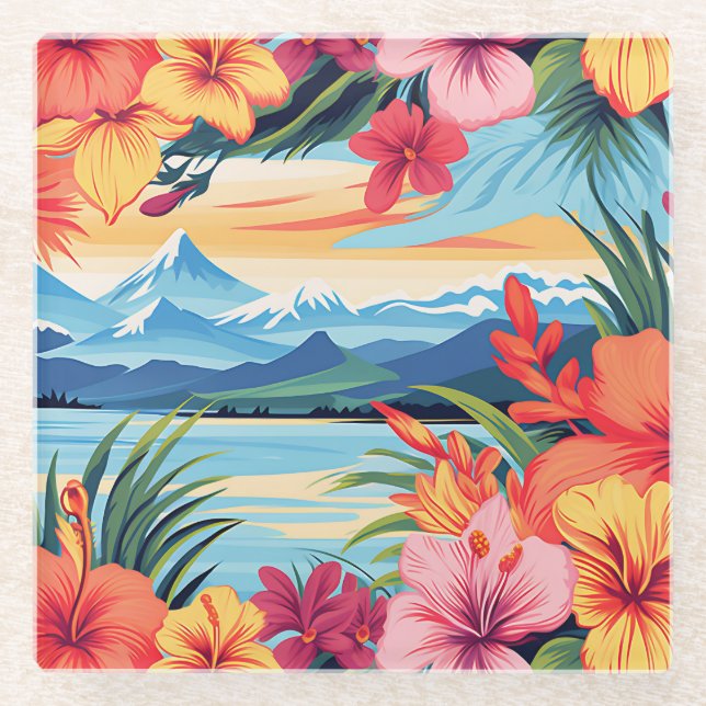 Colourful Tropical Flowers & Landscape Glass Coaster (Front)