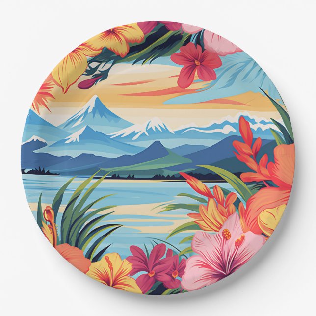 Colourful Tropical Flowers & Landscape Paper Plate (Front)