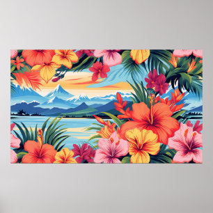 Colourful Tropical Flowers & Landscape Poster