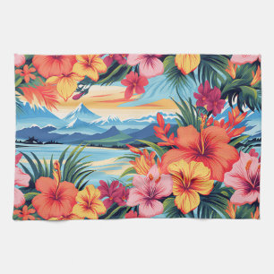 Colourful Tropical Flowers & Landscape Tea Towel