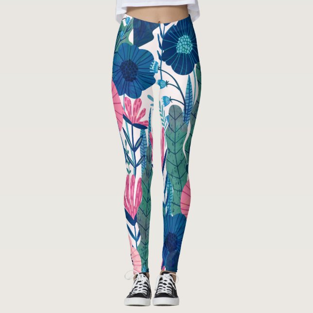 Colourful tropical flowers & leaves collage leggings (Front)