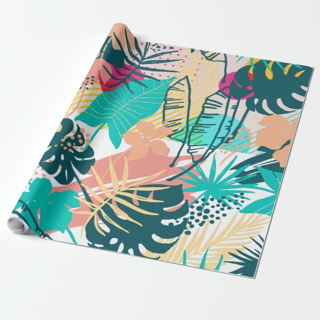 Colourful tropical flowers & leaves collage wrapping paper (Unrolled)