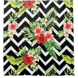 Colourful Tropical Flowers Modern Chevron Pattern Shower Curtain