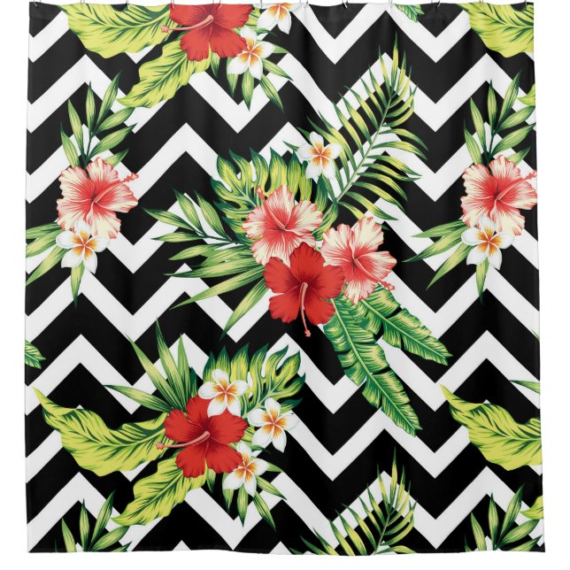 Colourful Tropical Flowers Modern Chevron Pattern Shower Curtain (Front)