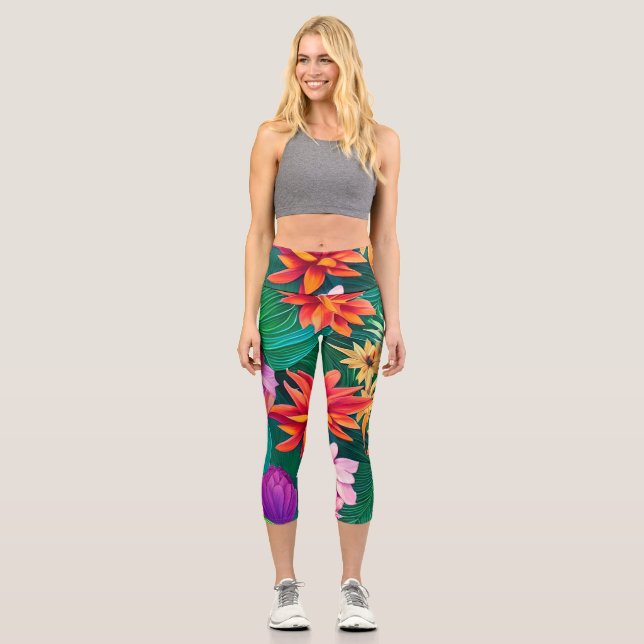 Colourful Tropical Flowers Pattern  Capri Leggings (Front)