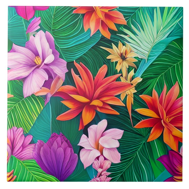 Colourful Tropical Flowers Pattern  Ceramic Tile (Front)