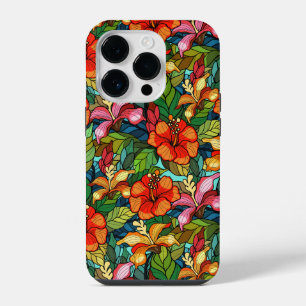 Colourful tropical flowers pattern, hibiscus iPhone 14 pro case