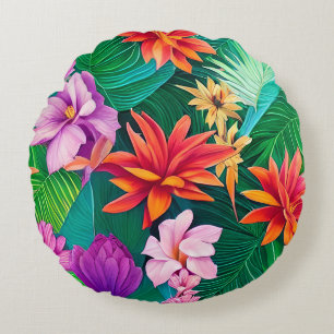 Colourful Tropical Flowers Pattern Round Cushion