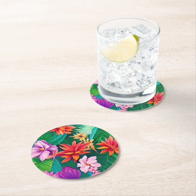 Colourful Tropical Flowers Pattern Round Paper Coaster (Insitu)