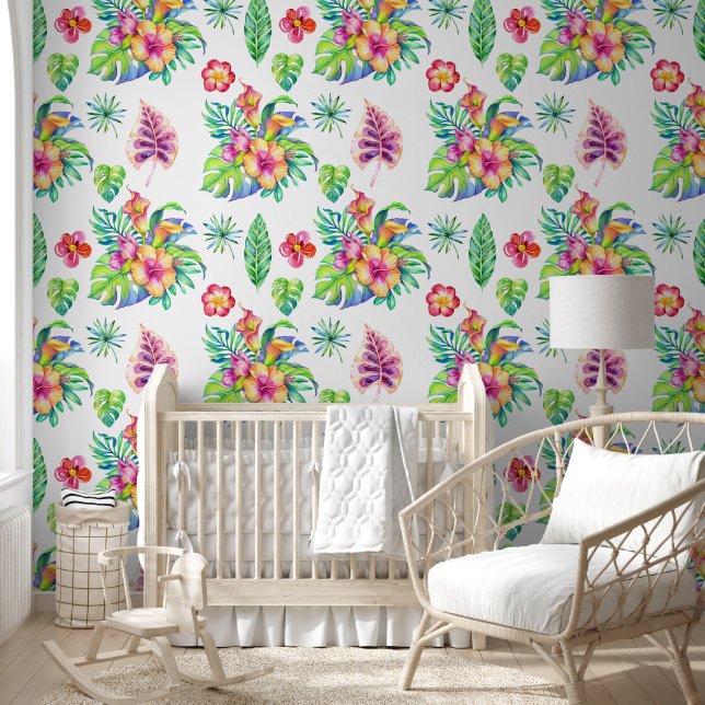 Colourful tropical flowers pattern wallpaper (Kids)
