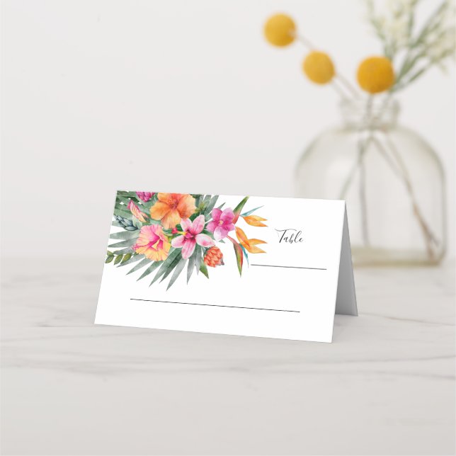 Colourful Tropical Flowers Pink & Orange Wedding Place Card (Front)