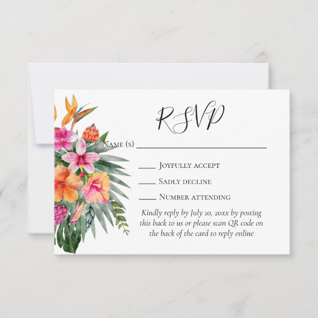 Colourful Tropical Flowers QR Code Wedding RSVP (Front)