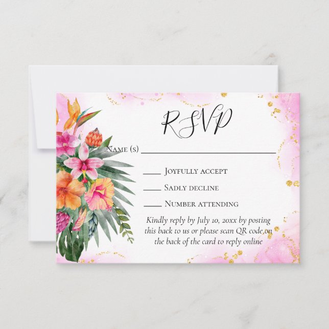 Colourful Tropical Flowers QR Code Wedding RSVP (Front)