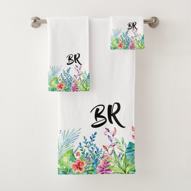 Colourful Tropical Flowers & Typography Monogram Bath Towel Set (Insitu)