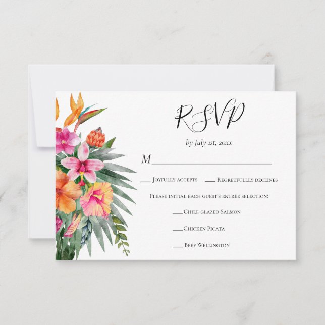 Colourful Tropical Flowers Wedding Meal Choice RSVP Card (Front)